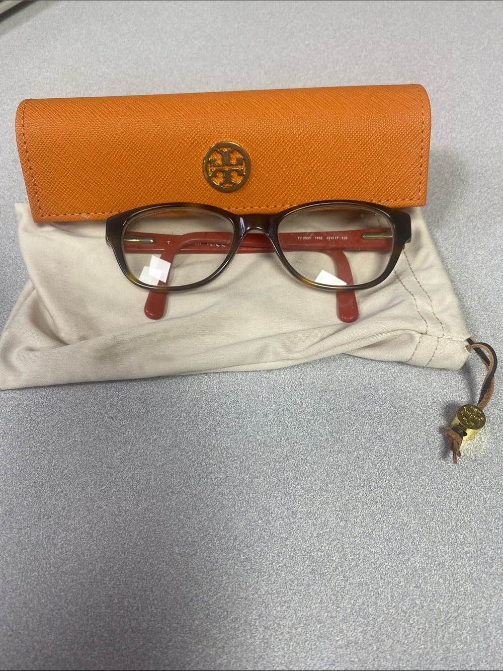 Tory Burch Brown Frame Glasses with Red Temples and Orange Case